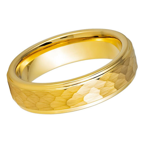 Gold Band with Yellow Gold Hammered Tungsten Engagement Tungsten Ring