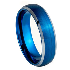 Blue IP Plated Domed Brushed Center Silver Beveled Edge- 6mm Tungsten Ring