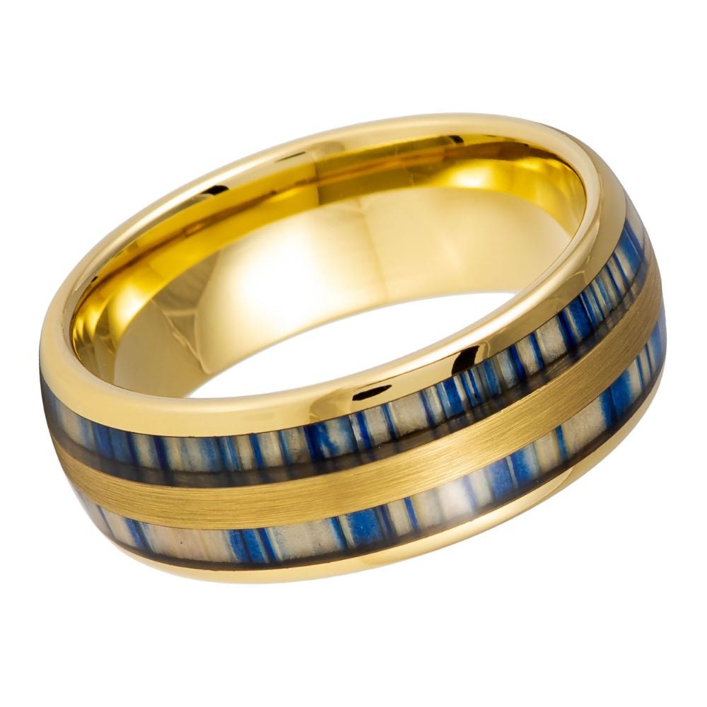 Yellow Gold IP Plated and Indigo Blue Dyed Bamboo Inlay 8mm Tungsten Tungsten Ring