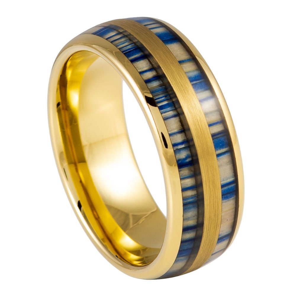 Yellow Gold IP Plated and Indigo Blue Dyed Bamboo Inlay 8mm Tungsten Tungsten Ring