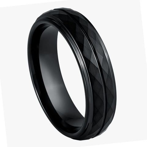 Black IP Faceted Finish with Center Groove- 6mm Tungsten Tungsten Ring