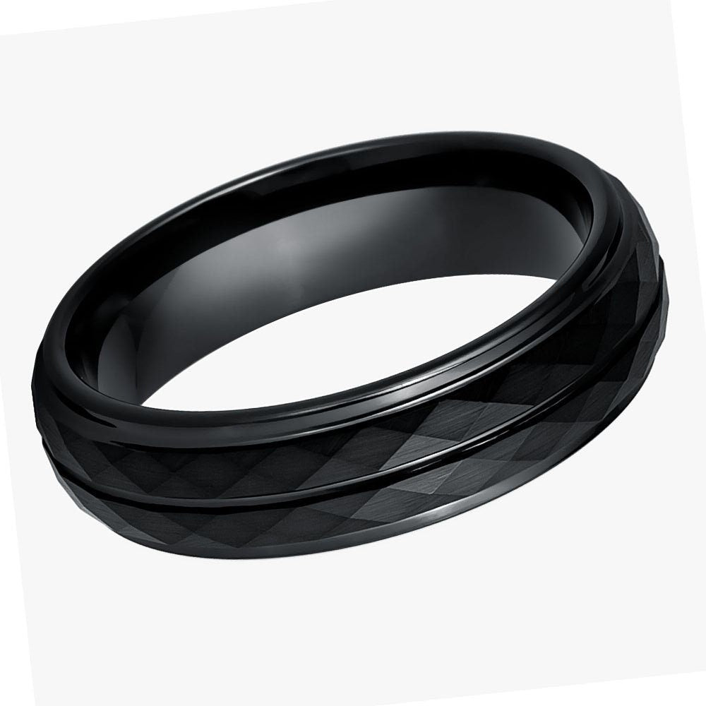 Black IP Faceted Finish with Center Groove- 6mm Tungsten Tungsten Ring