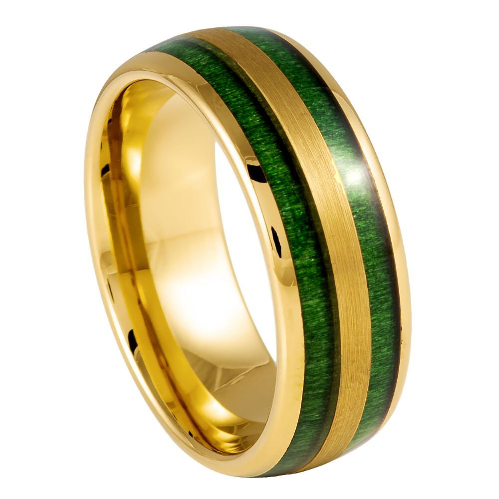 Yellow Gold IP and Green Jade Wood Inlay- 8mm Tungsten Tungsten Ring