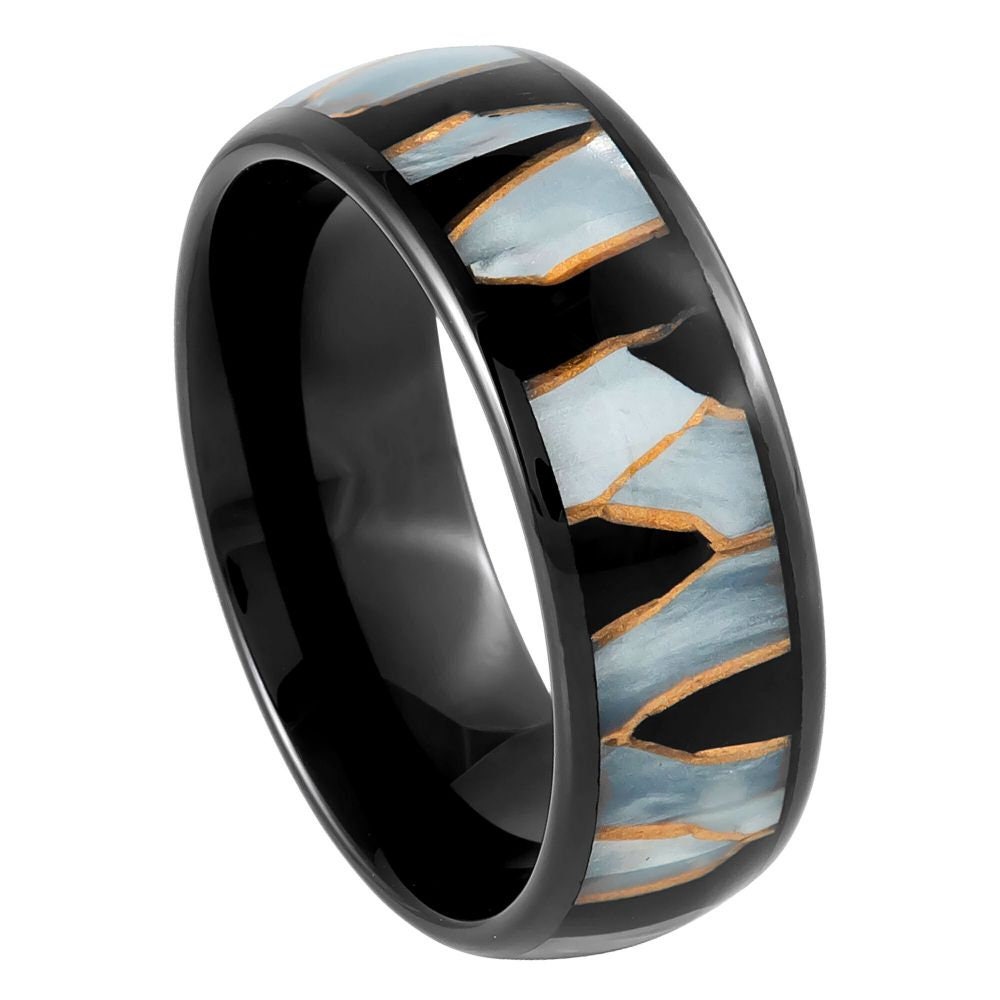 Men's Black IP Plated Capiz Black Resin and Gold Shavings Inlay- 8mm Tungsten Tungsten Ring