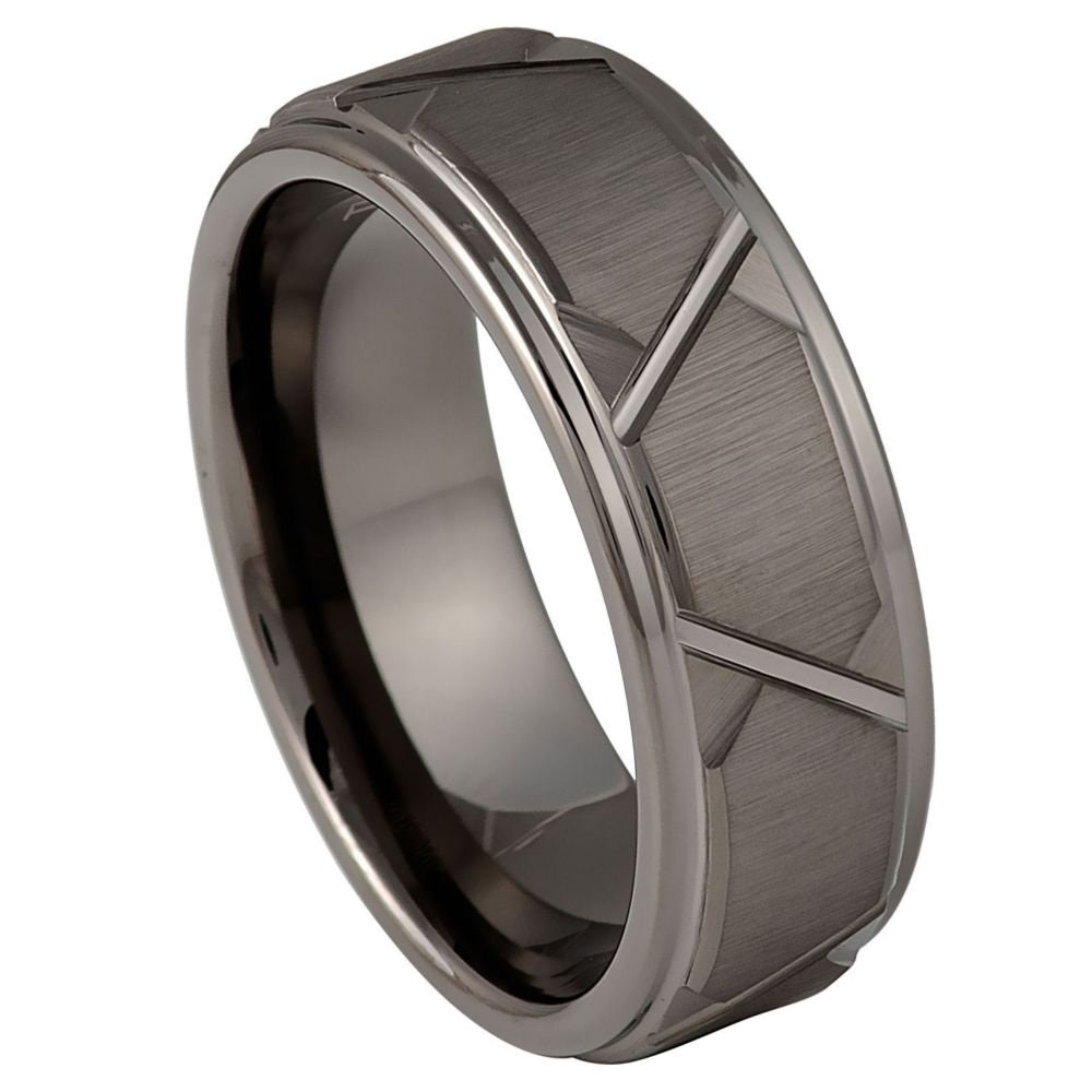 Men's Gun Metal IP Plated Trapezoids Design- 8mm Tungsten Tungsten Ring