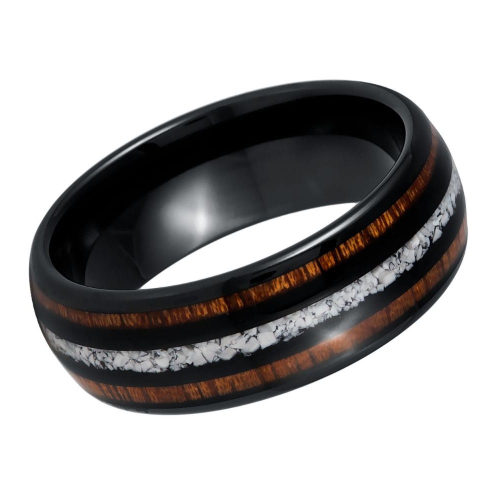 Black IP Plated Koa & Crushed White Turquoise Inlay- 8mm Tungsten Tungsten Ring