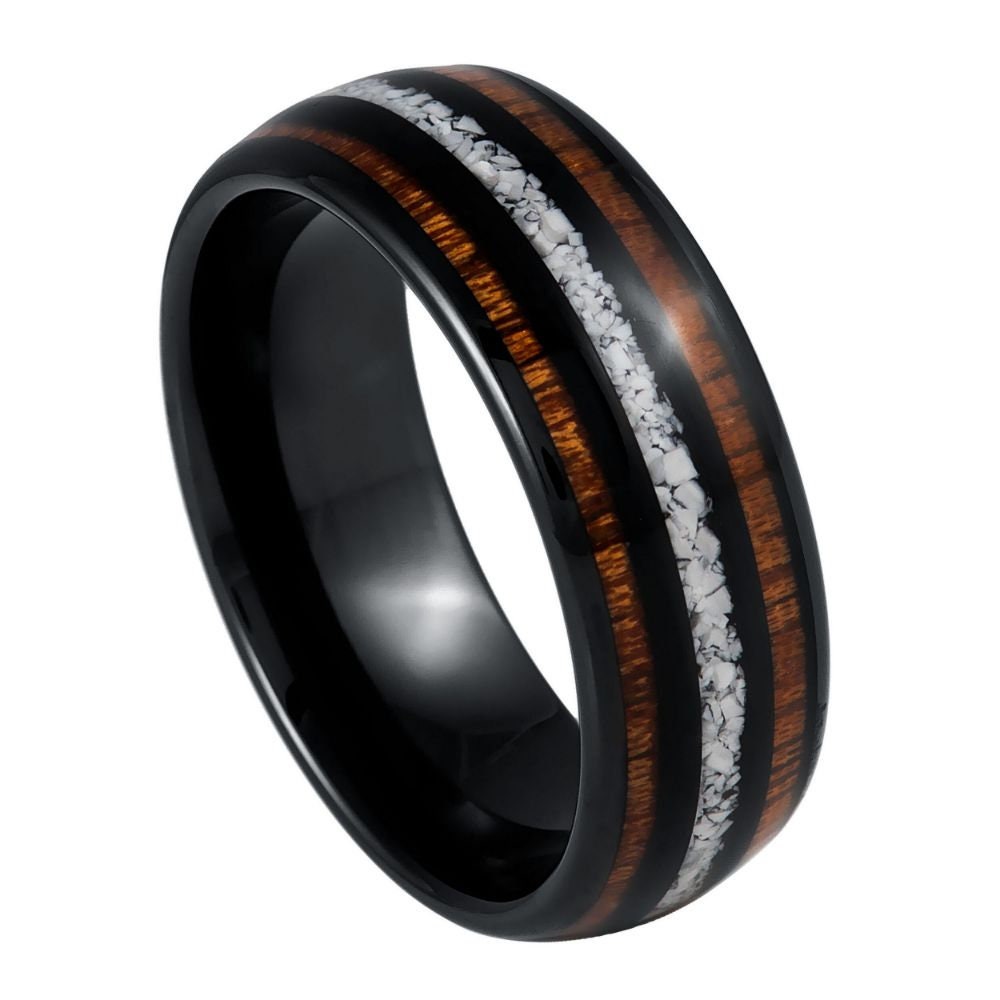 Black IP Plated Koa & Crushed White Turquoise Inlay- 8mm Tungsten Tungsten Ring