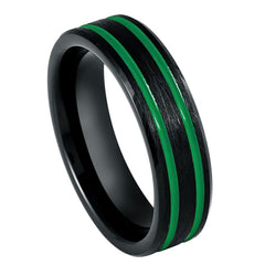 Black IP Plated Ice Finish with Two Green Thin Lines- 6mm Tungsten Tungsten Ring