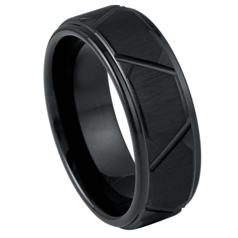 Men's Black IP Plated Trapezoids Design- 8mm Tungsten Tungsten Ring