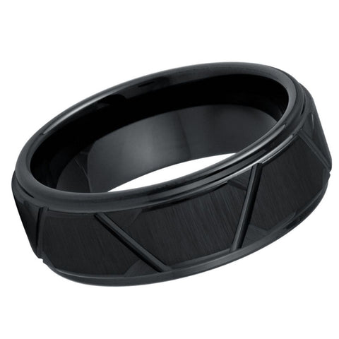 Men's Black IP Plated Trapezoids Design- 8mm Tungsten Tungsten Ring