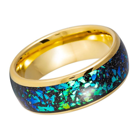 Men's Dome Yellow IP Green Synthetic Opal and Abalone Fragments- 8mm Tungsten Tungsten Ring