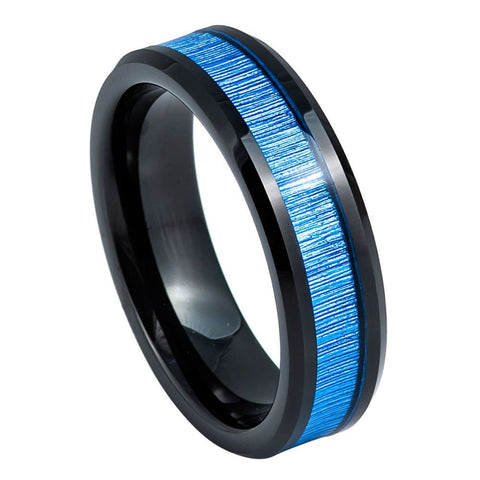 Black IP Plated with Limitation Bamboo Grain Fiber Inlay- 6mm and 8mm Tungsten Tungsten Ring