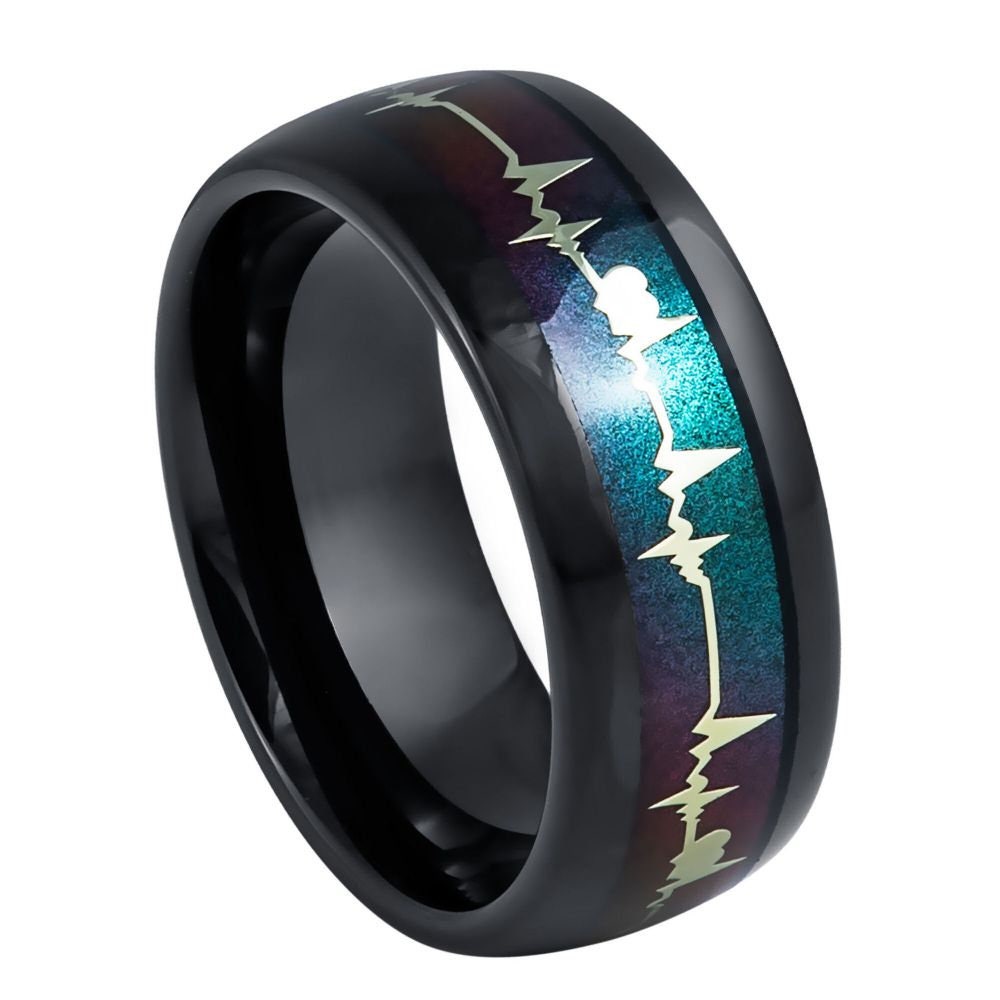 Men's Black IP Plated with Rainbow LGBTQ Gradient and EKG Cutout- 8mm Tungsten Tungsten Ring