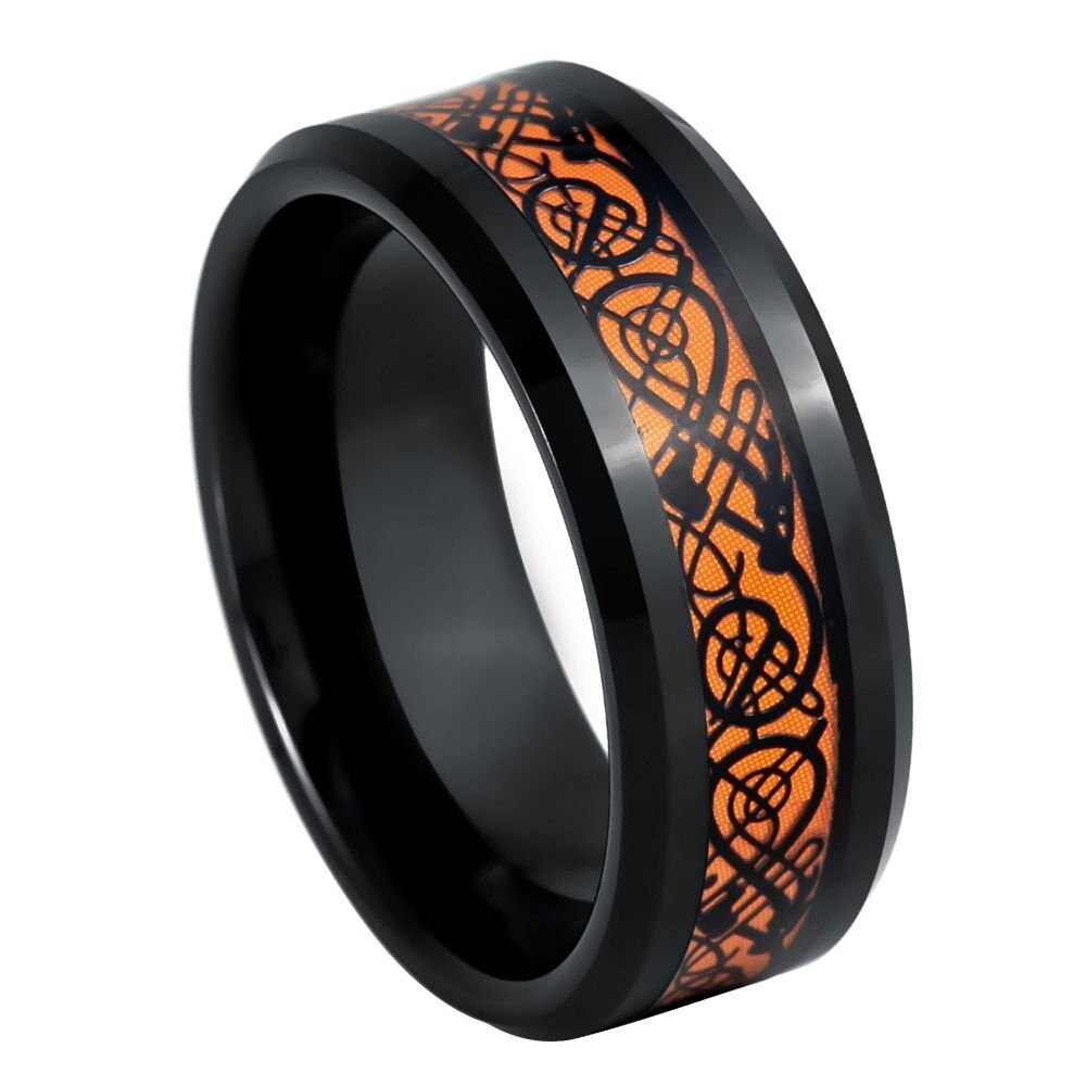 Men's Black IP Celctic Cutout over Orange Resin- 8mm Tungsten Tungsten Ring