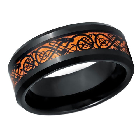 Men's Black IP Celctic Cutout over Orange Resin- 8mm Tungsten Tungsten Ring