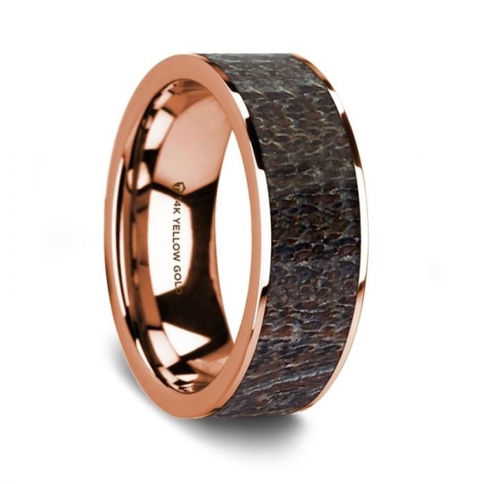 Flat Polished 14K Rose Gold Wedding Ring with Dark Deer Antler Inlay - 8 mm Rings, Wedding, Engagement and Ring