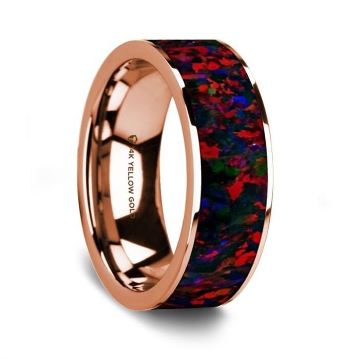 Flat Polished 14K Rose Gold Wedding Ring with Black and Red Opal Inlay - 8 mm Rings, Wedding, Engagement and Ring