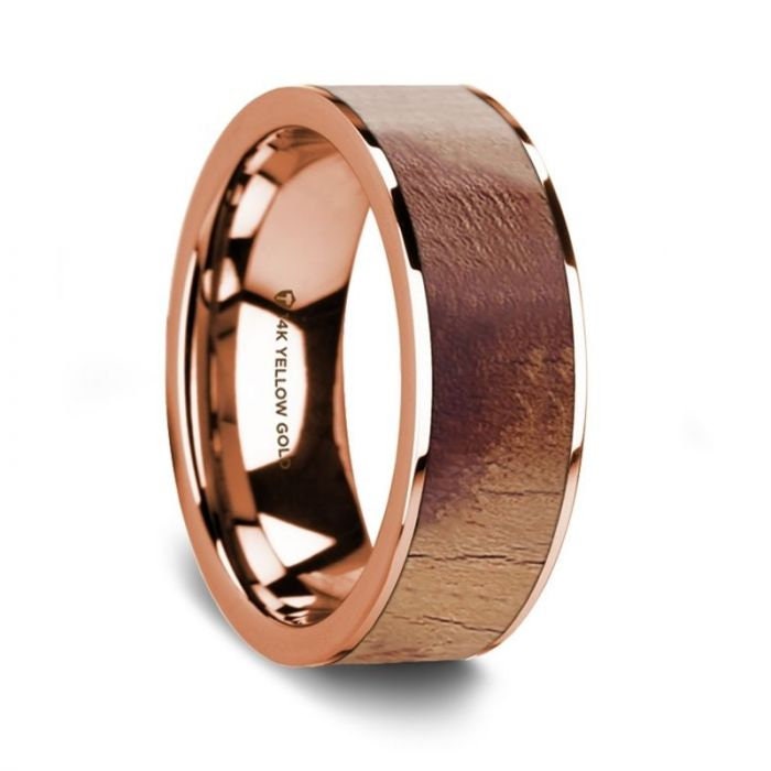 Flat Polished 14K Rose Gold Wedding Ring with Olive Wood Inlay - 8 mm Rings, Wedding, Engagement and Ring