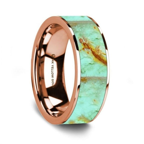 Flat Polished 14K Rose Gold Wedding Ring with Turquoise Inlay - 8 mm Rings, Wedding, Engagement and Ring