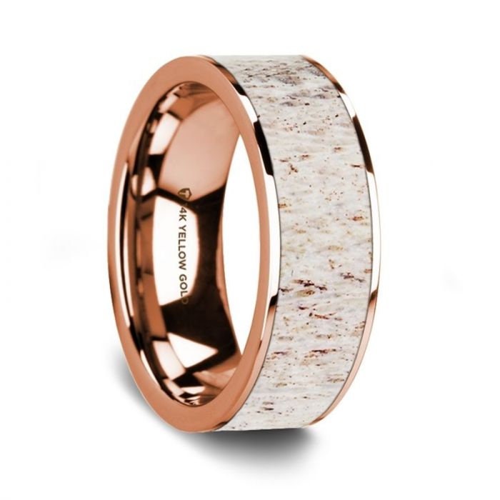 Flat Polished 14K Rose Gold Wedding Ring with White Deer Antler Inlay - 8 mm Rings, Wedding, Engagement and Ring