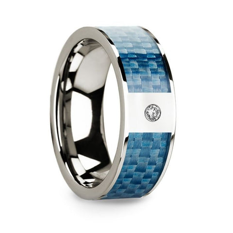 Flat 14k White Gold with Blue Carbon Fiber Inlay & White Diamond Setting - 8mm Rings, Wedding, Engagement and Ring