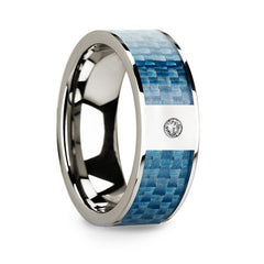 Flat 14k White Gold with Blue Carbon Fiber Inlay & White Diamond Setting - 8mm Rings, Wedding, Engagement and Ring