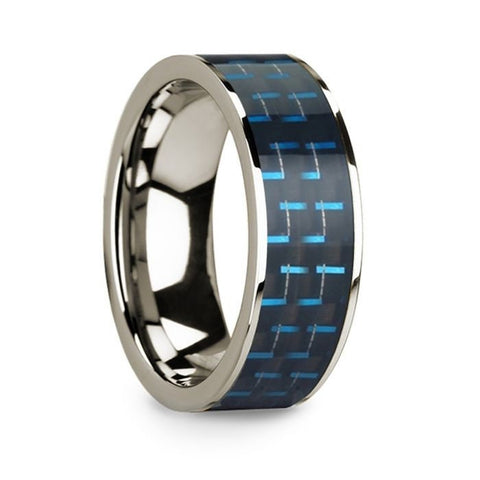 Polished 14k White Gold & Black/Blue Carbon Fiber Inlaid Flat Wedding Ring - 8mm Rings, Wedding, Engagement and Ring