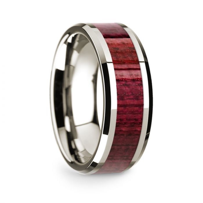 14k White Gold Polished Beveled Edges Wedding Ring with Purpleheart Wood Inlay - 8 mm Rings, Wedding, Engagement and Ring