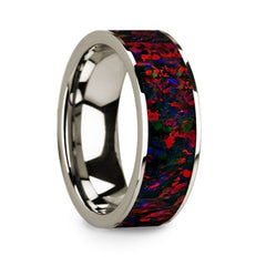 Flat Polished 14k White Gold Wedding Ring with Black and Red Opal Inlay - 8 mm Rings, Wedding, Engagement and Ring