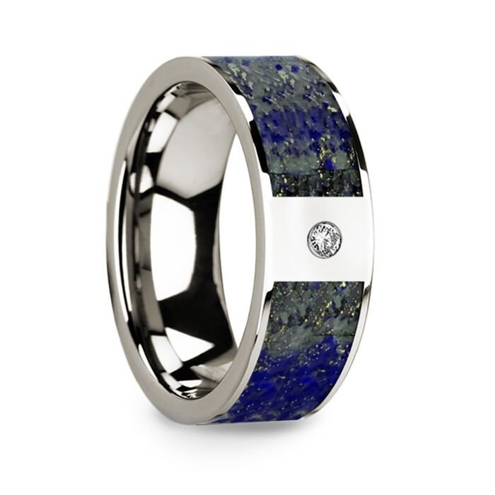 Flat 14k White Gold with Blue Lapis Lazuli Inlay & White Diamond Setting - 8mm Rings, Wedding, Engagement and Ring