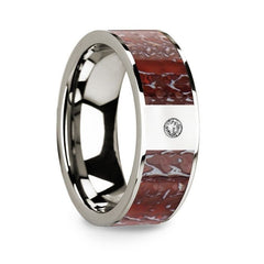 Flat 14k White Gold with Red Dinosaur Bone Inlay & White Diamond Setting - 8mm Rings, Wedding, Engagement and Ring