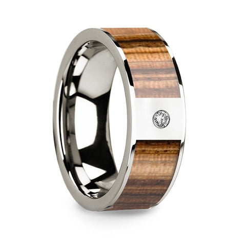 Flat 14k White Gold with Zebra Wood Inlay & White Diamond Setting - 8mm Rings, Wedding, Engagement and Ring