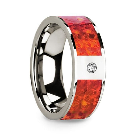 Red Opal Inlaid Polished 14k White Gold Men's Wedding Ring with Diamond Accent - 8mm Rings, Wedding, Engagement and Ring