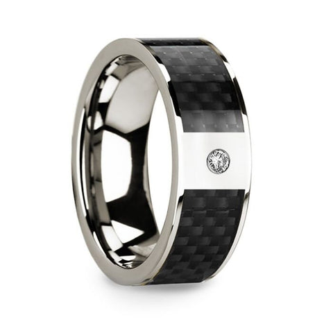 Black Carbon Fiber Inlaid 14k White Gold Polished Ring with Diamond Accent - 8mm Rings, Wedding, Engagement and Ring