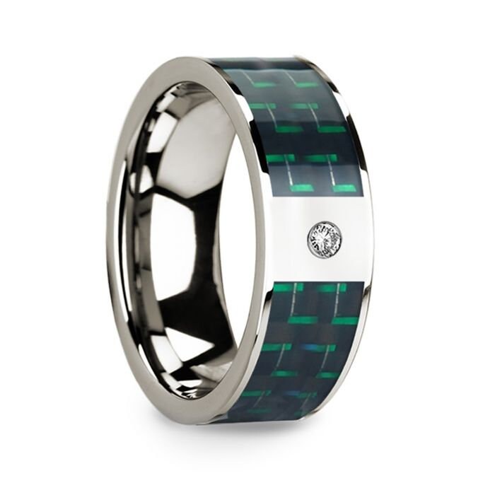 Diamond Accented 14k White Gold Men's Wedding Ring with Black & Green Carbon Fiber Inlay - 8mm Rings, Wedding, Engagement and Ring