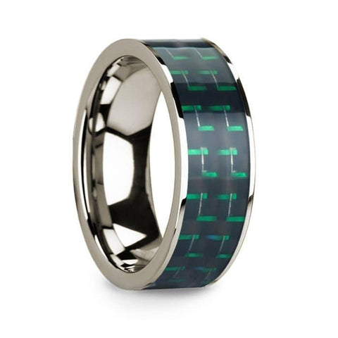 Men's Polished 14k White Gold Flat Ring with Black & Green Carbon Fiber Inlay - 8mm Rings, Wedding, Engagement and Ring