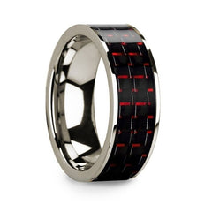 Men's 14k White Gold Flat Wedding Band with Black & Red Carbon Fiber - 8mm Rings, Wedding Ring