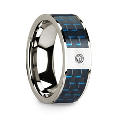 Polished 14k White Gold Diamond Wedding Ring with Blue & Black Carbon Fiber Inlay - 8mm Rings, Wedding Ring