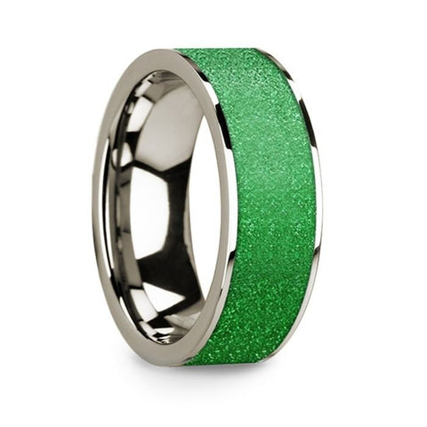 Polished 14k White Gold Men's Wedding Ring with Textured Green Inlay - 8mm Rings, Wedding Ring