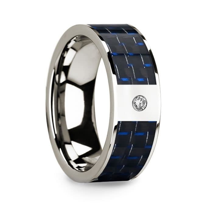 Diamond Center 14k White Gold Men's Wedding Ring with Blue & Black Carbon Fiber Inlay - 8mm Rings, Wedding Ring