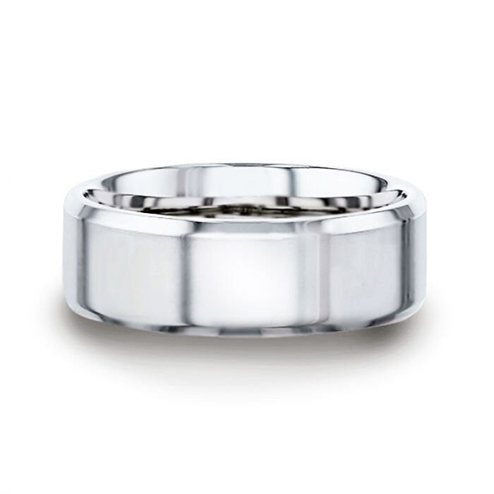 LUCID Silver Polished Finish Flat Center Wedding Band With Beveled Edges - 4mm and 8mm, Wedding & Promise Rings.