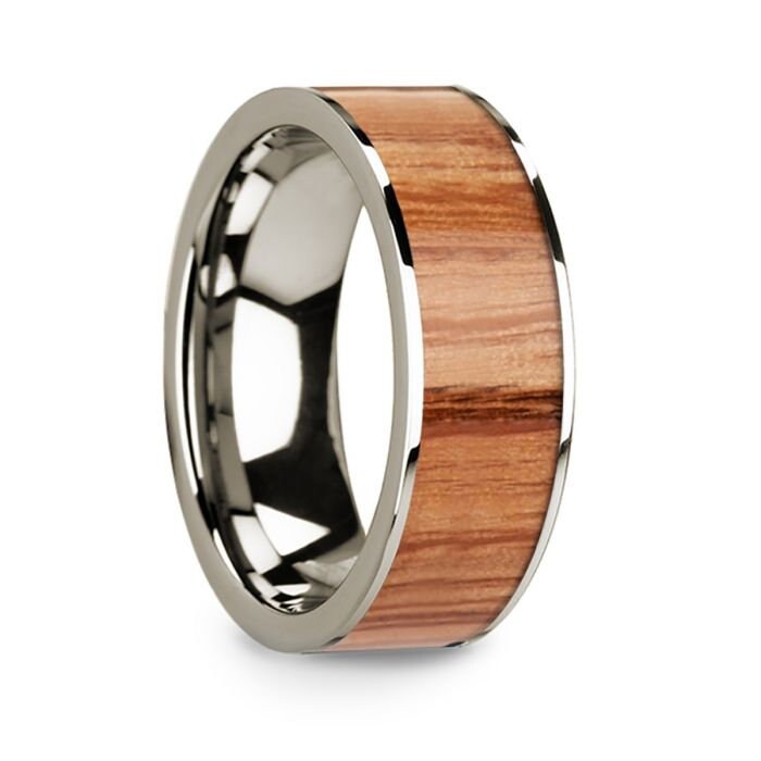 Polished Flat 14k White Gold Men's Wedding Ring with Red Oak Wood Inlay - 8mm Rings, Wedding Ring