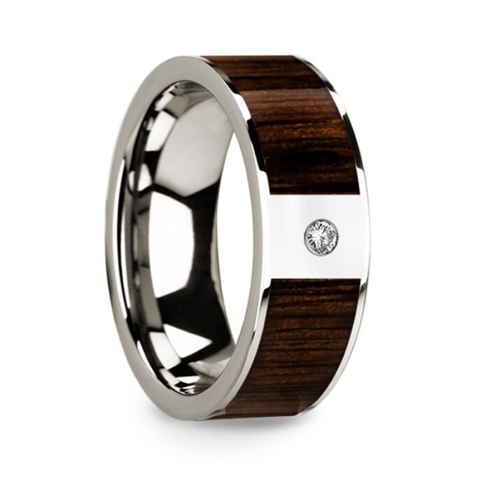 Men's Polished 14k White Gold & Black Walnut Inlay Wedding Ring with Diamond - 8mm Rings, Wedding Ring