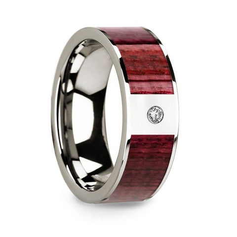 Men's Polished 14k White Gold Wedding Band with Purpleheart Wood Inlay & Diamond - 8mm Rings, Wedding Ring