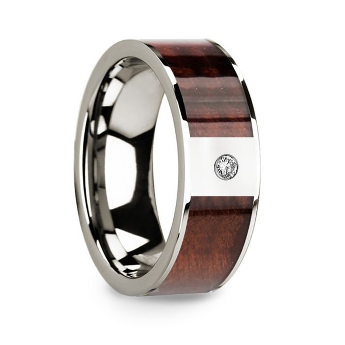 Redwood Inlaid Polished 14k White Gold Men's Wedding Ring with Diamond Center - 8mm Rings, Wedding Ring