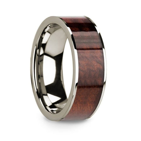 Polished 14k White Gold Men's Wedding Band with Redwood Inlay - 8mm Rings, Wedding Ring