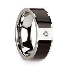 Men's Polished 14k White Gold & Ebony Wood Inlaid Wedding Ring with Diamond Center - 8mm Rings, Wedding Ring