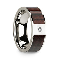 Polished 14k White Gold Men's Wedding Band with Bubinga Wood Inlay & Diamond - 8mm Rings, Wedding Ring