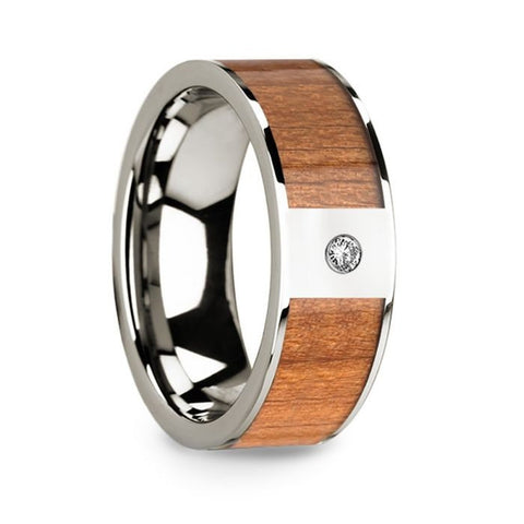 Sapele Wood Inlaid Polished 14k White Gold Men's Wedding Ring with Diamond Center - 8mm Rings, Wedding Ring