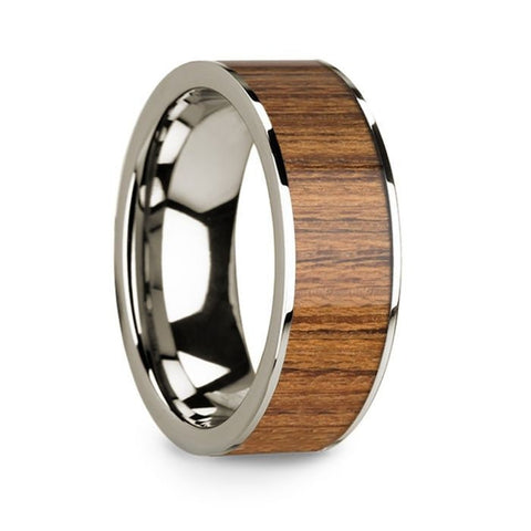 Polished 14k White Gold Men's Wedding Band with Teak Wood Inlay - 8mm Rings, Wedding Ring